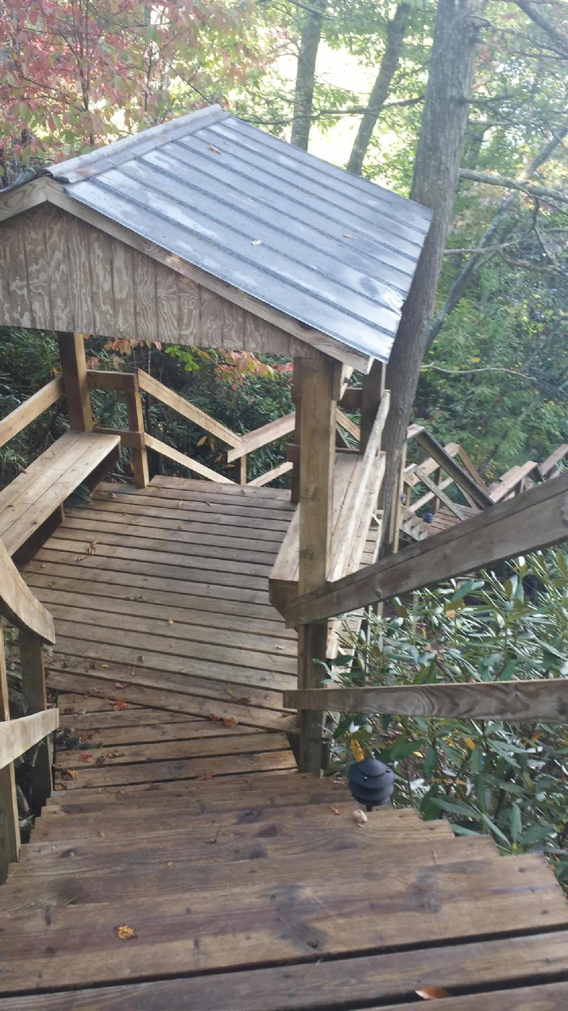Metal roofed shelter over wooden steps on a wooded walkway — Skylight Repair & Installation work by our crew in Nitro
